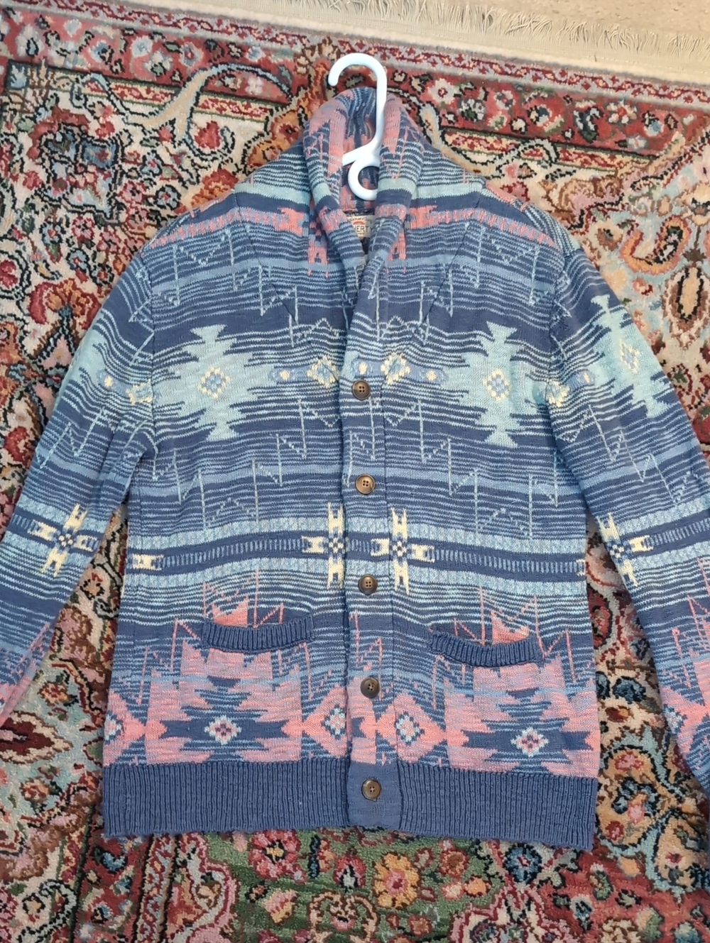 Faherty Shawl Collar Patterned Men's Sweater - Blue & Pink